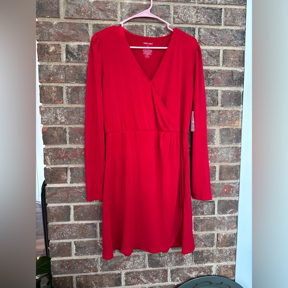 Nine West Red Wrap Dress Long Sleeve V-Neck Size Large New With Tags
